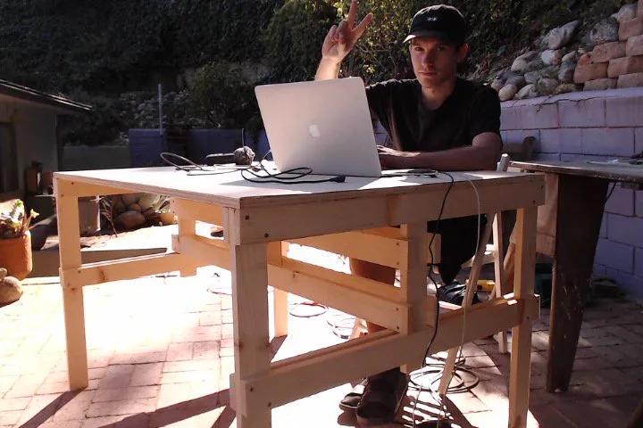 An Enzo Mari Autoprogettazione table, built in the backyard during a livestreamed hang.